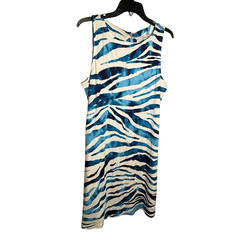 Tommy Bahama Shift Dress Womens Large White Blue Zebra Print Sleeveless Back Zip